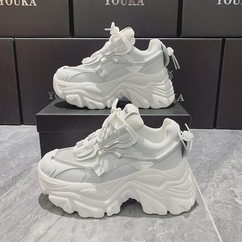 

Breathable Mesh White Chunky Sneakers Women Summer 2021 Hollow Out Platform Shoes Height Increasing Thick Sole Casual Shoes