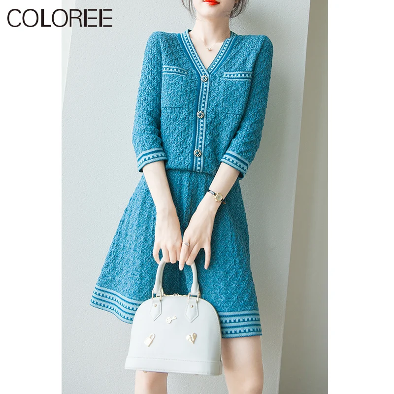 

Fall winter clothes women 2020 new fashion v-neck knitted cardigan + a-line mini skirt two piece set female