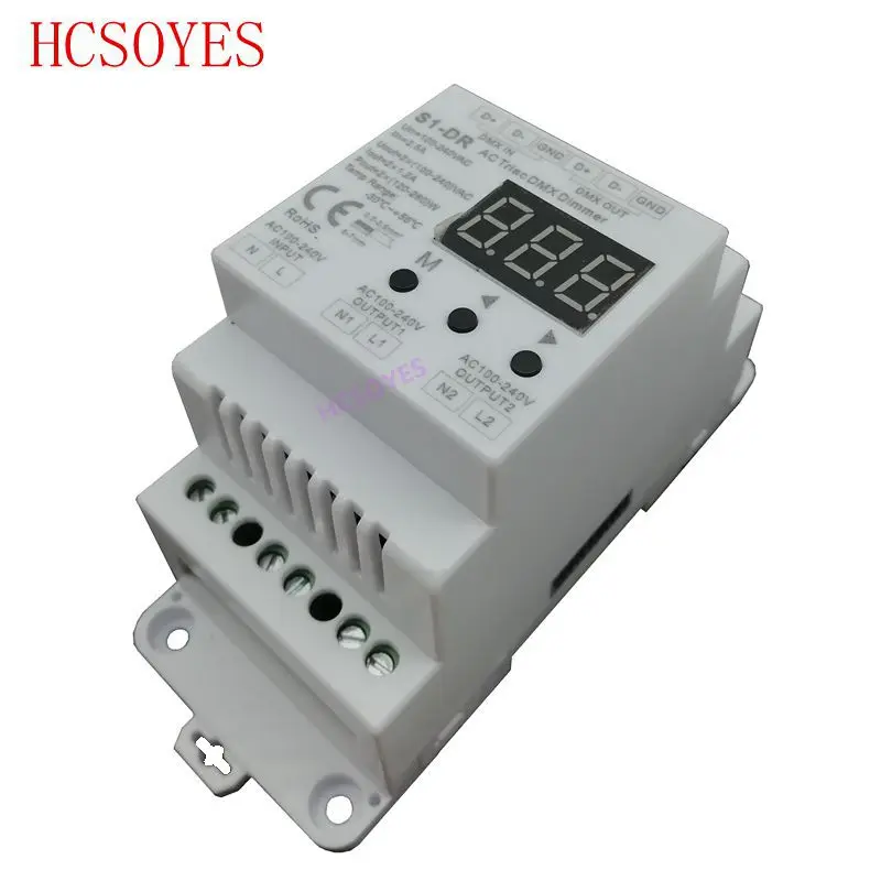 S1-DR AC100V-240V din-рейку 2 канала 2CH AC Triac DMX диммер, двухканальный выход кремния DMX512 светодиодный контроллер