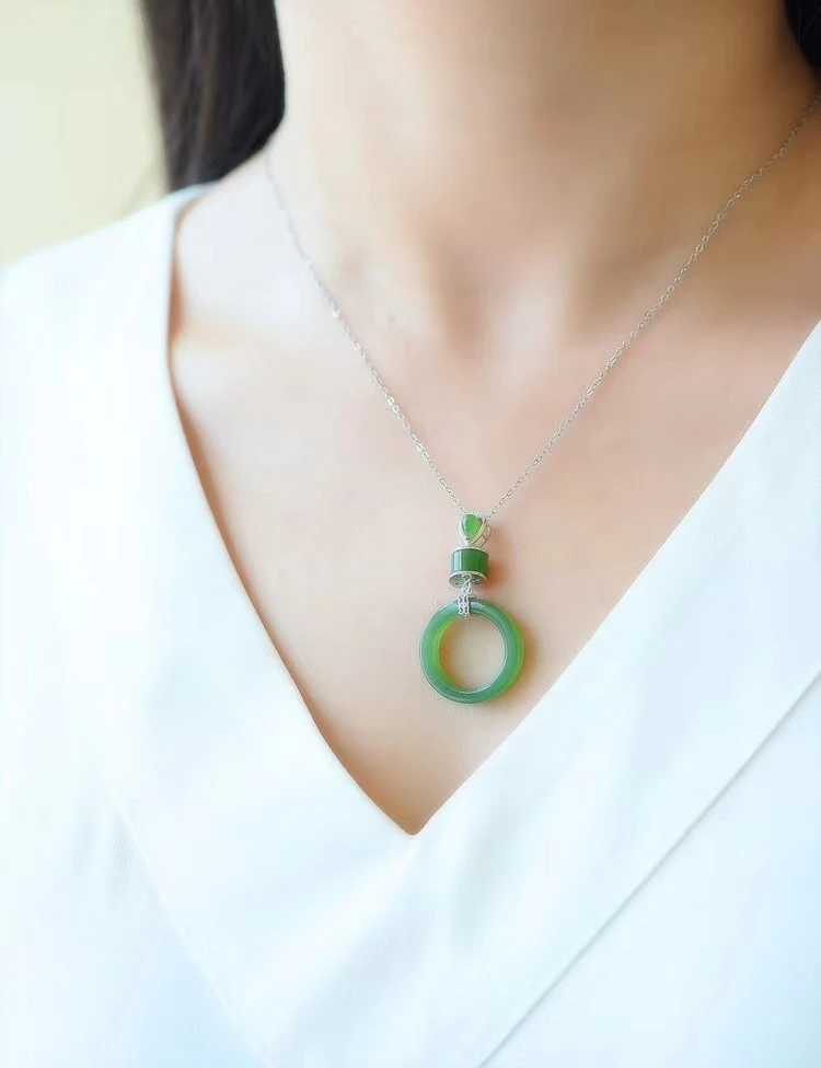

LETSFUN Natural Green Jade Peace Buckle Necklace 925 Sterling Silver Necklace Diamond Necklace