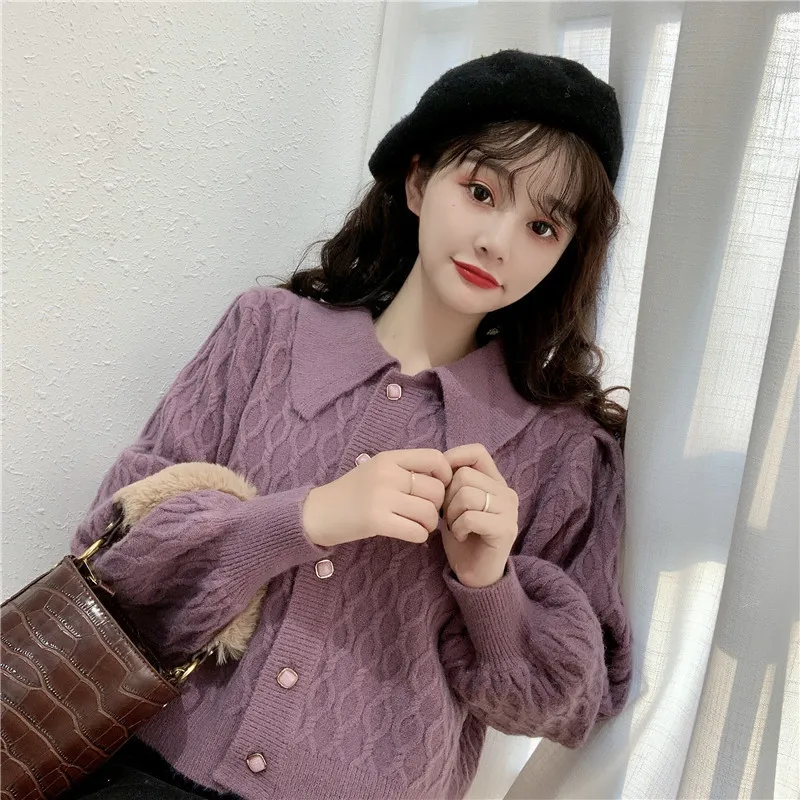 

Elegant V-neck Lantern Sleeve Sweater Cardigans Women 2021 Autumn Winter Mint Green Female Knitting Open Stitch