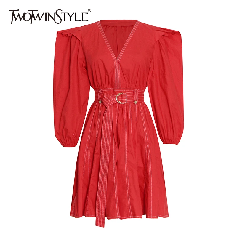 

TWOTWINSTYLE Puff Sleeve Dresses For Female V Neck With Girdle High Waist Slimming Women's Elegant Dress Fashion New 2021