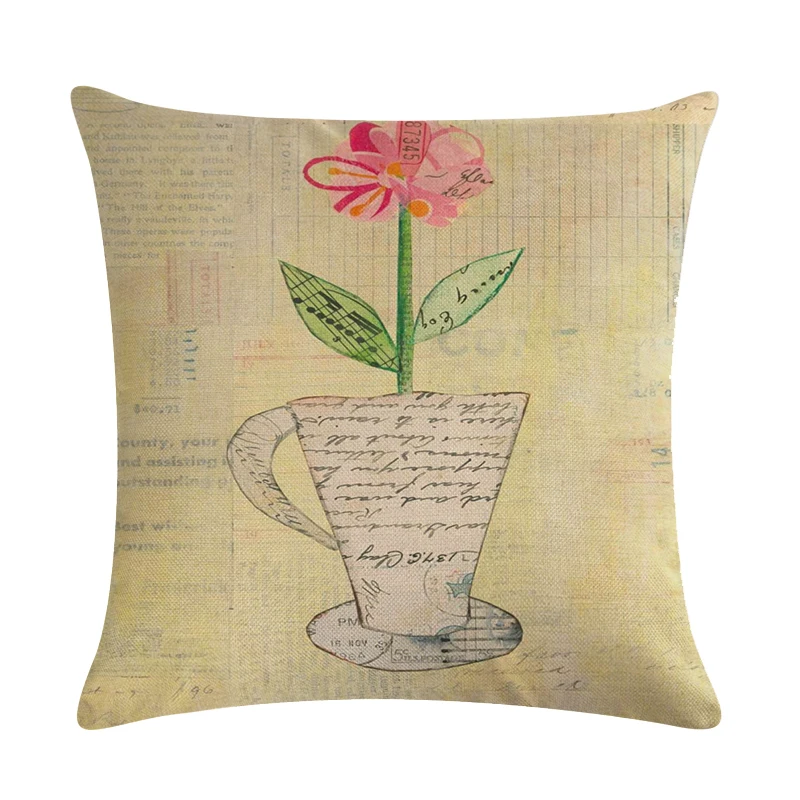 

Newspaper coffee cup flower Printed Cushion Cover Linen Throw Pillow Car Home Decoration Decorative Pillowcase T353