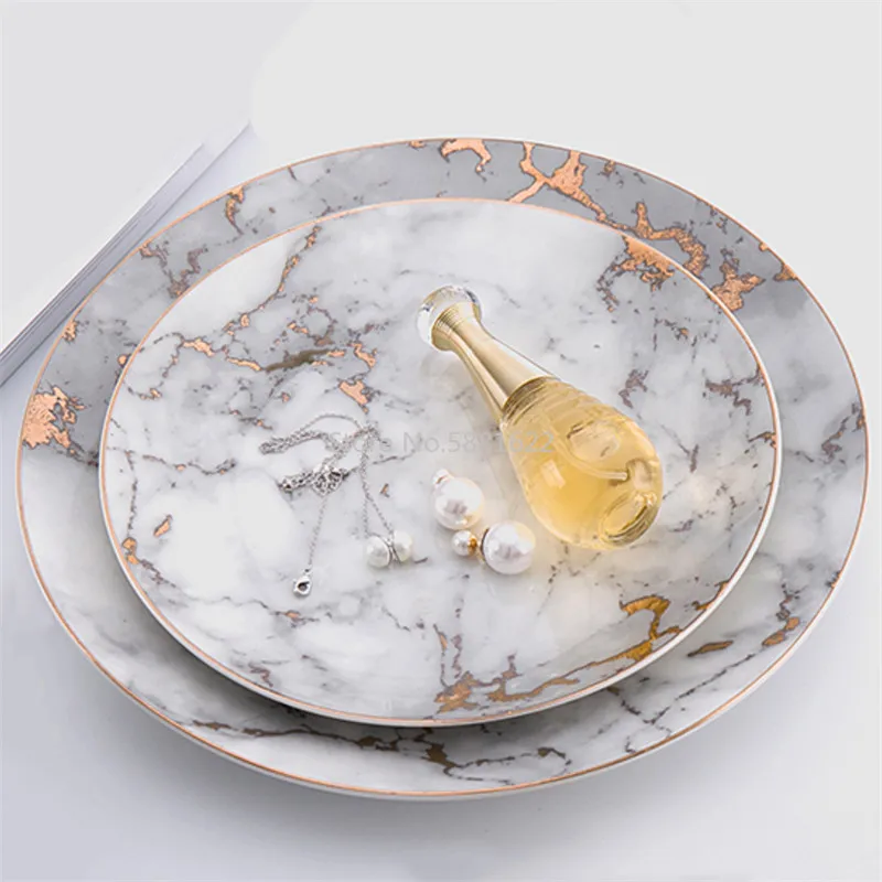 Керамические обеденные тарелки в европейском стиле с мраморным узором из