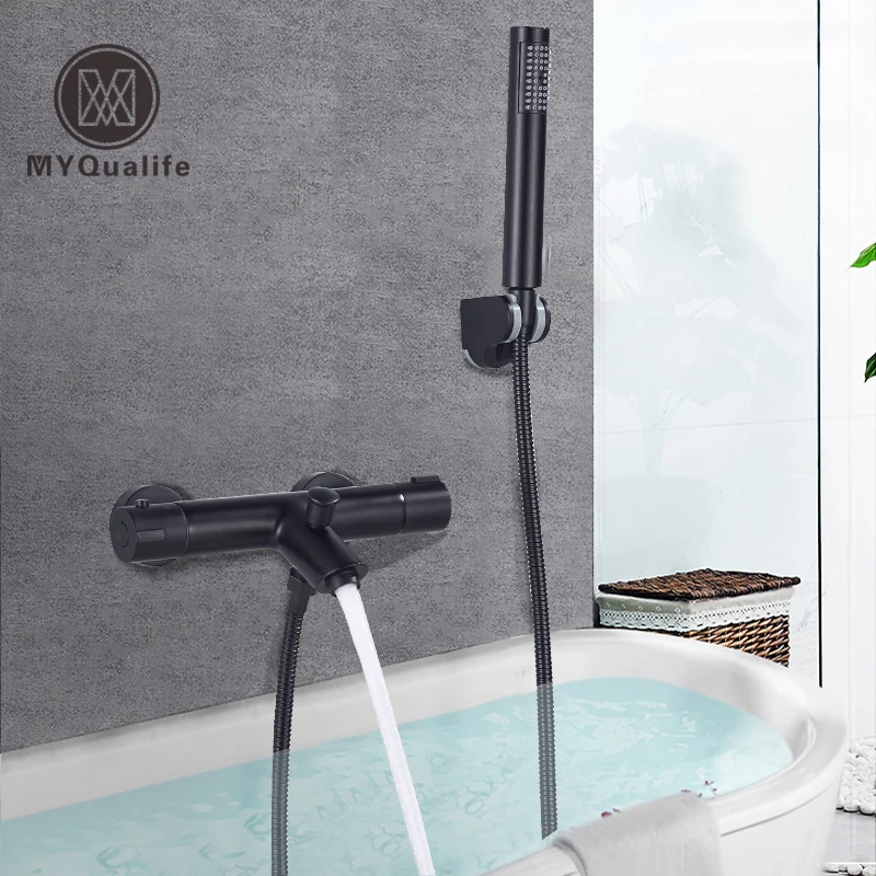 Черный термостатический душевой смеситель кран с двойной ручкой постоянная