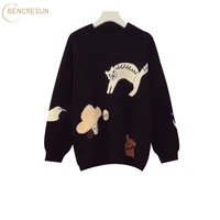 casual plus size womens autumn and winter sweater with cat pattern loose pullover round neck long sleeve knitted pullover