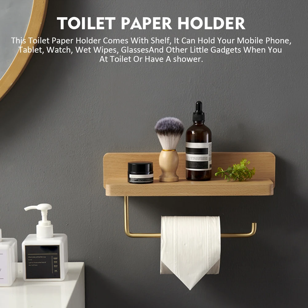 

Toilet Paper Holder With Shelf Washroom Accessories Wall Mounted Bathroom Solid Wood Hotel Home Decor Hanger Phone Storage Retro