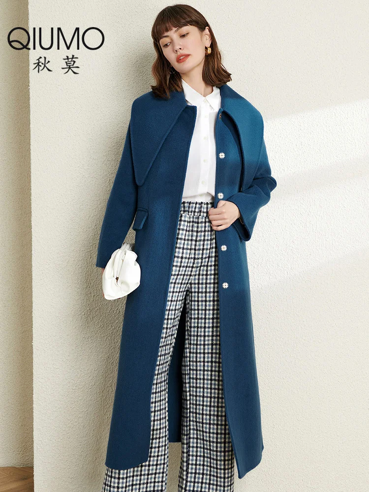 

Double sided cashmere coat women's 2021 new medium length Lapel high-end slim blue wool coat haze blue