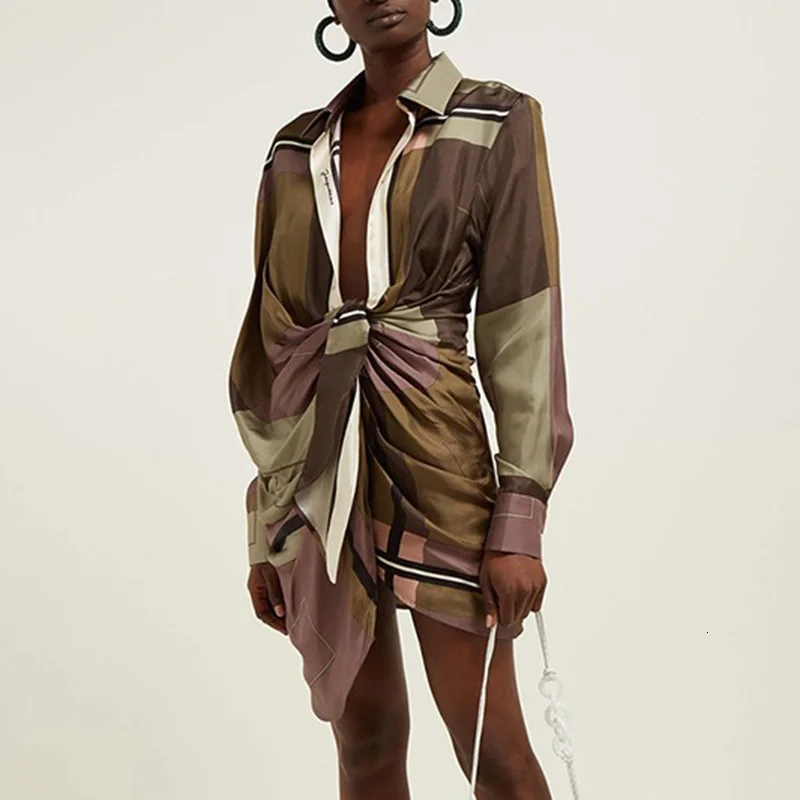 Женское платье с геометрическим принтом воротник лацканами высокая талия хит