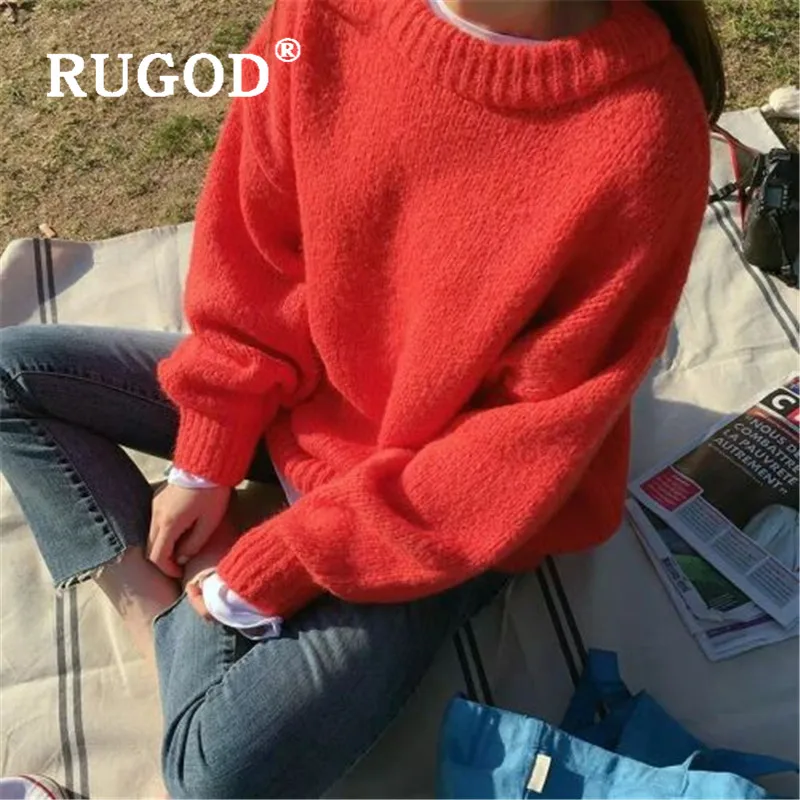 RUGOD Knitted Long Sweater Solid Warm Jumper Knitwear Mohair Pullover Plus Size Korean Style Winter Tops For Women Fall 2019 | Женская