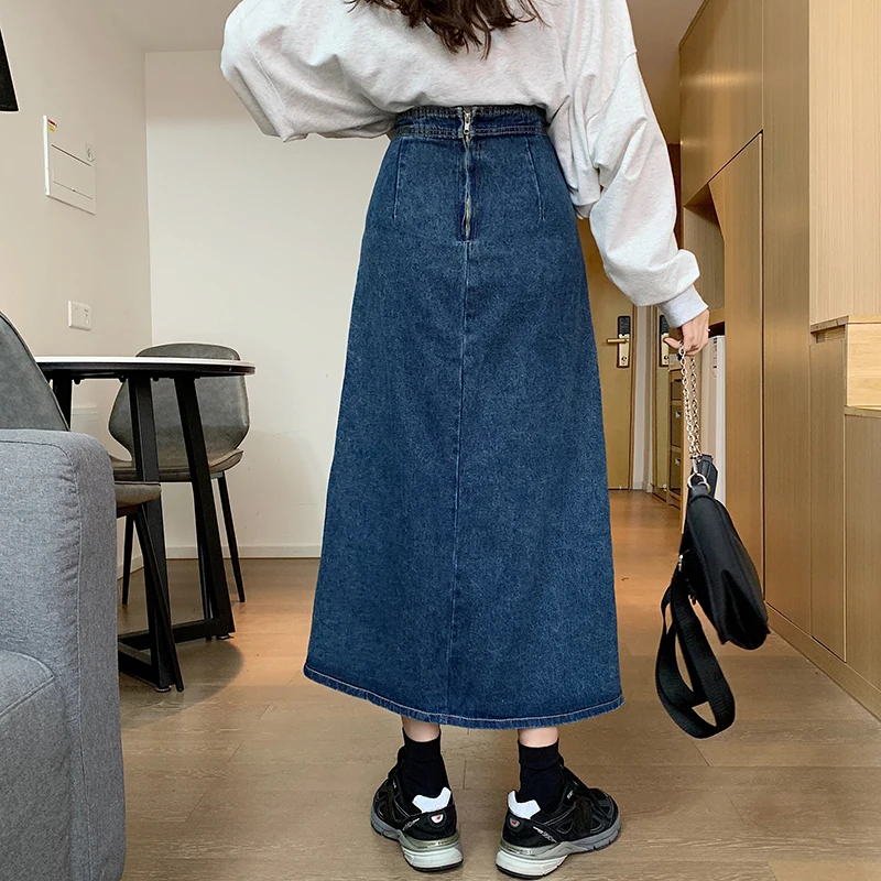 

Women 2021 Fashion Split Mid Calf Length Denim Skirts Vintage Ladies High Waist A Line Midi Skirt