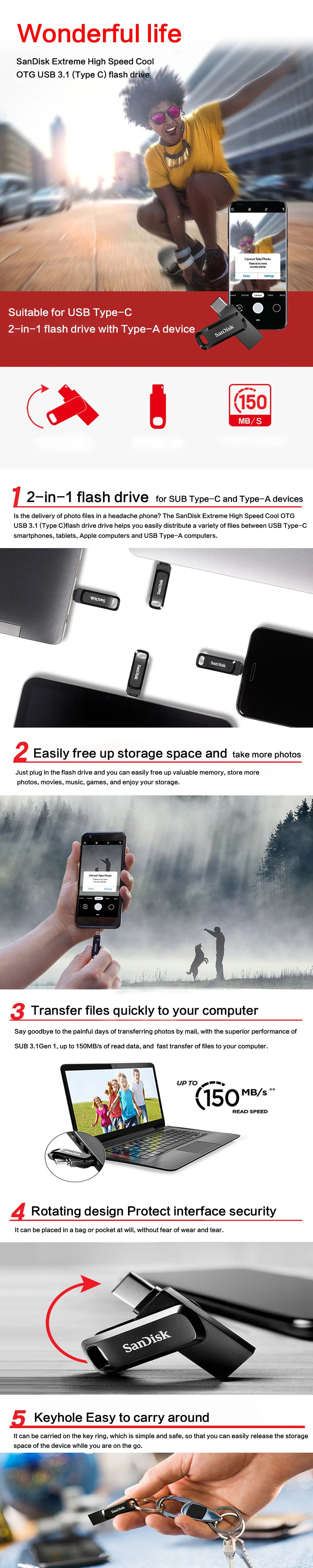 Флеш-накопитель sandisk, 128 ГБ, 64 ГБ, USB 3,1 type-C, двойной OTG USB флеш-накопитель, 32 ГБ, USB флешка, Micro USB Flash type C для смартфонов и SDDDC3