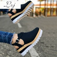 womens sandals vintage wedge shoes woman buckle strap straw thick bottom flats platform sandals flock female shoes summer 2020