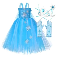 kids floor length princess froze elsa dress girls bling snowflake disfraz froze 2 blue birthday party snowman dress girl clothes