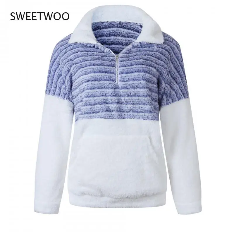 

2021 European and American Autumn and Winter Fashion Plush New Style V-Neck Zipper Long-Sleeved Color-Blocking Warm Sweater
