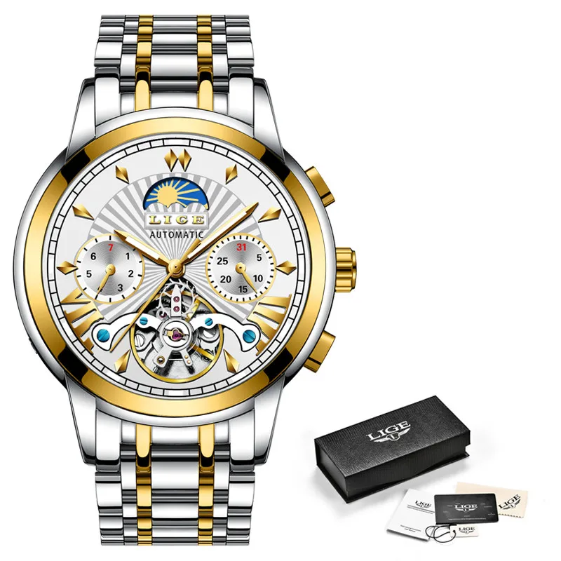 Gold white LIGE повседневные мужские s часы лучший бренд класса люкс автоматические механические деловые часы мужские водонепроницаемые наручные часы Reloj Hombres Tourbillon - Цвет: Gold white