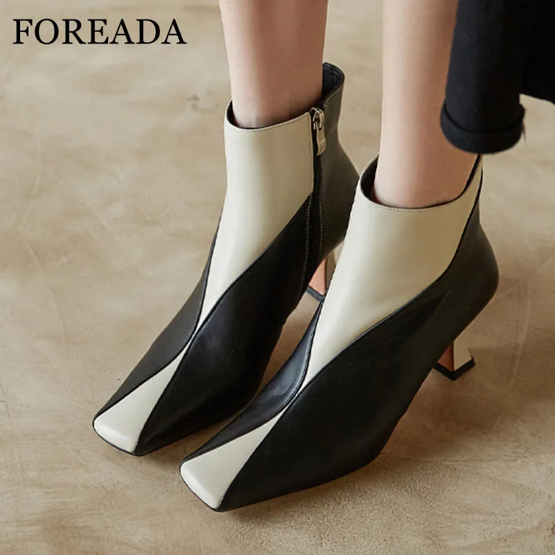 

FOREADA Square Toe High Heel Woman Boots Real Leather Ankle Boots Thin Heel Shoes Zip Female Short Boots Autumn Winter Black 40