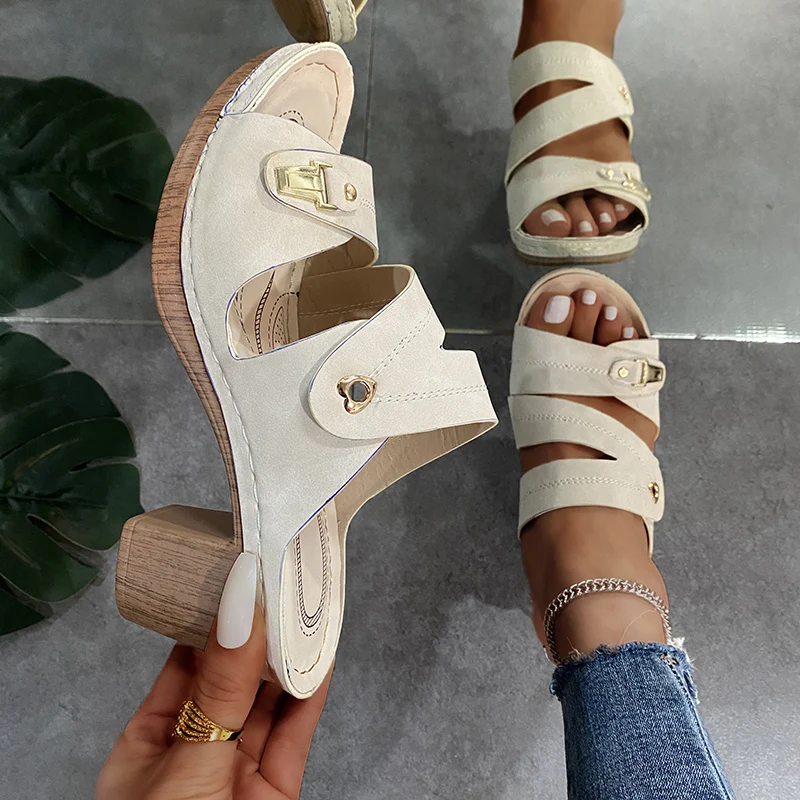 

Women's Sandals 2021 Summer Heels Thick Anti-slip Leather Casual Female Platform Lady Retro Shoes Wedge Orthopedic Flip Flops
