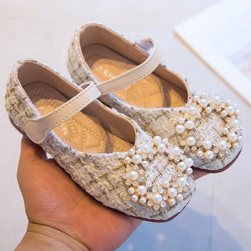 

2021 Fashion Pearl Button Children Princess Dance Shoes Kids Girl Dress Party Shoes Flats Casual Single First Walkers Soft Shoe