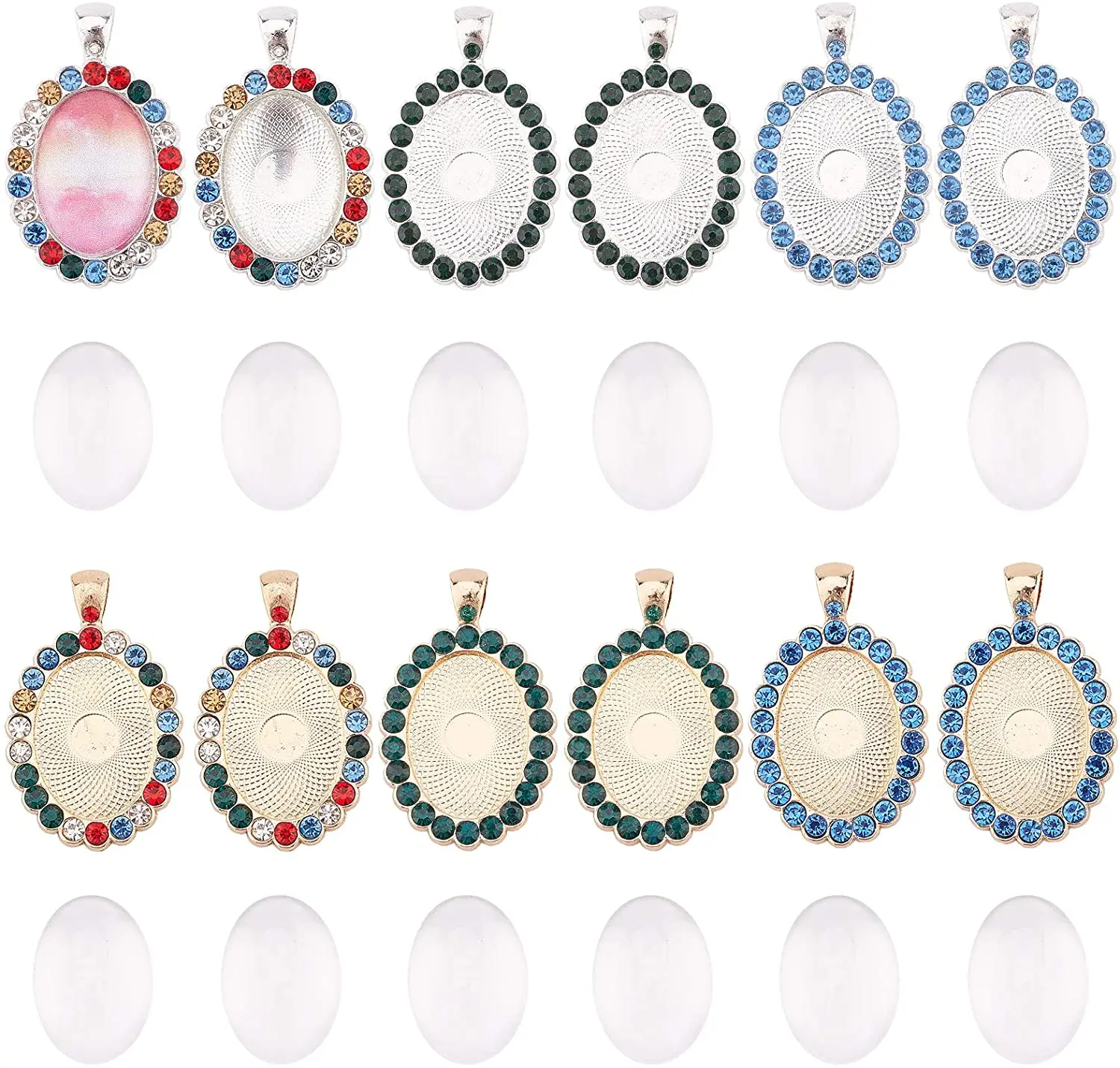 

24 Pieces Rhinestone Pendant Tray Set Black Oval Hanging Tray Blank Oval Glass Cabochon Photo Pendant DIY Jewelry Making