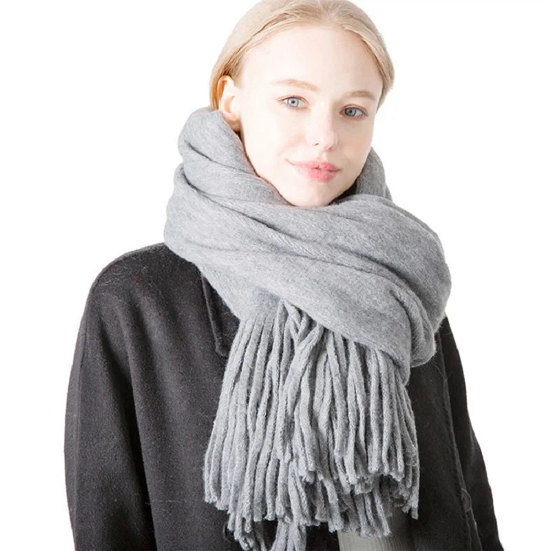 

2021 зимний женский шарф/шаль, акриловый однотонный шарф из искусственной шерсти с кисточками, Классические однотонные толстые теплые шарфы, ...