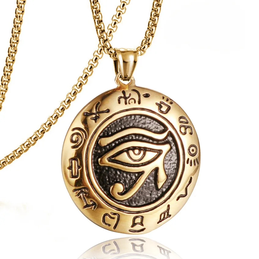 

Boho Punk Egyptian Eye of Ra Horus Pendant Necklace Viking Stainless Steel Horus Eye Chain Necklaces for Women Men Jewelry