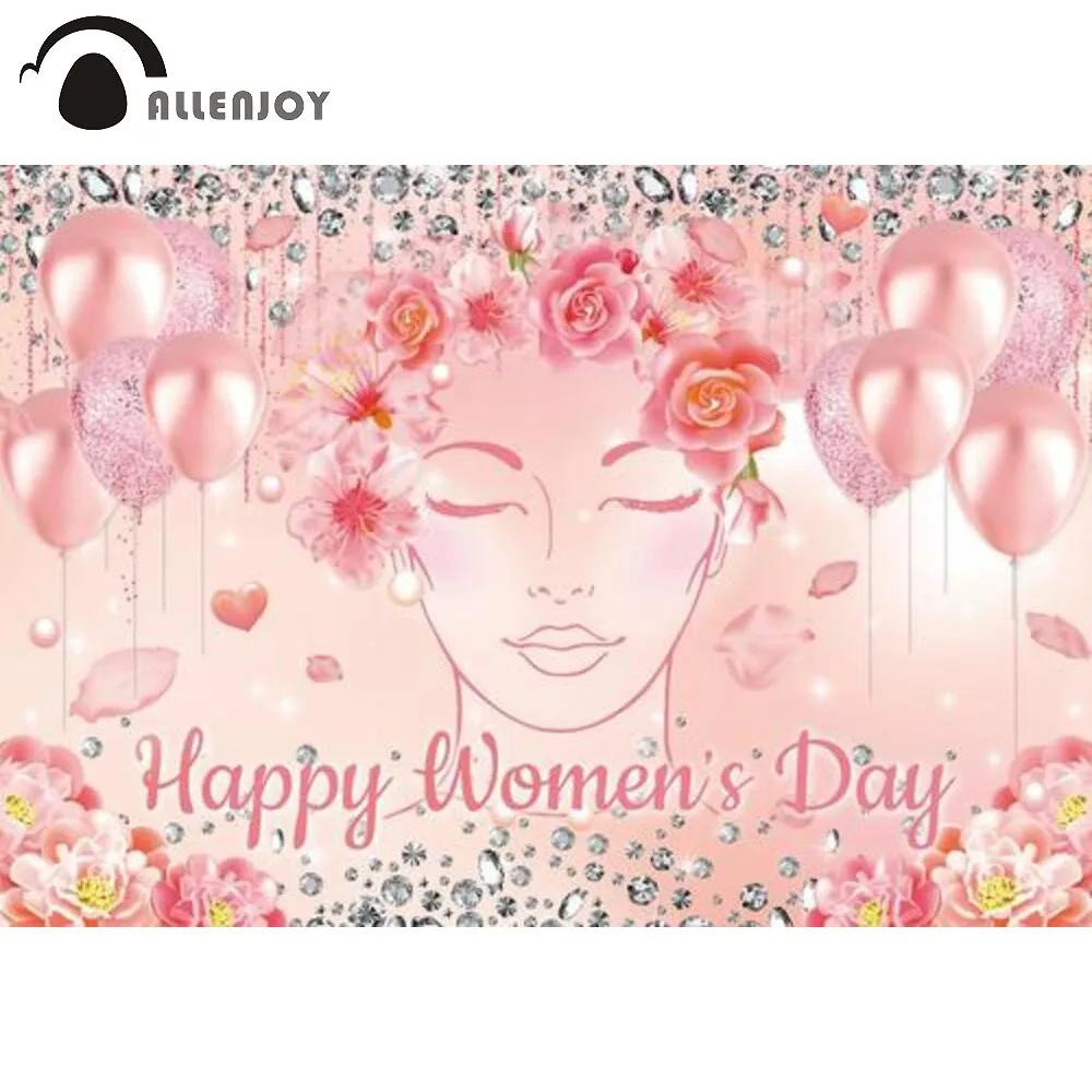 

Allenjoy Happy Women's Day Backdrop Mom Pink Flower Balloons Diamond Party Supplies Decor Photo Zone Photography Background