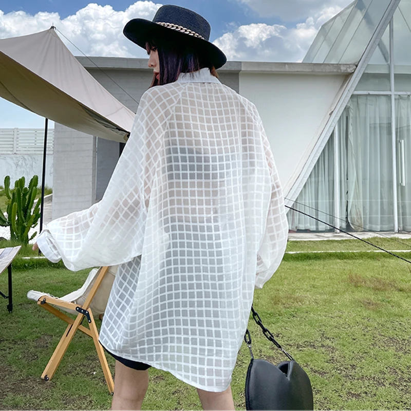 

[EAM] Women White Plaid Thin Big Size Blouse New Lapel Long Sleeve Loose Fit Shirt Fashion Tide Spring Summer 2021 1DD9986