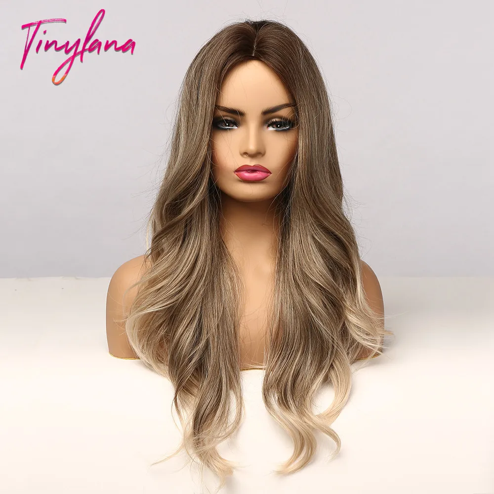 

TINY LANA Synthetic Ombre Dark Brown with Brown Highlight Wig Long Wavy Heat Resistant Fiber Middle Part Cosplay Wigs for Women