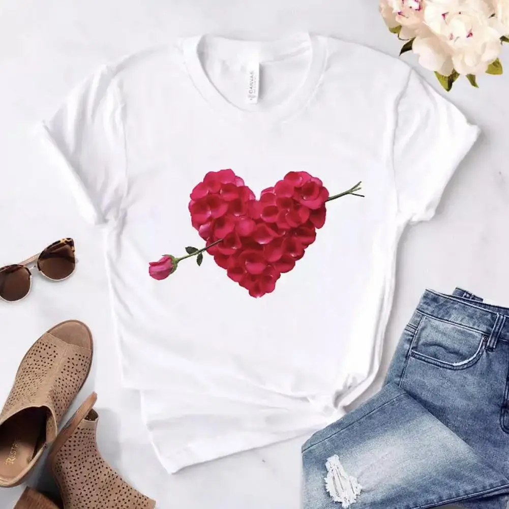 

Stylish Women O Neck Short Sleeve Petal Love Heart Print T-shirt Top ladies T-Shirts Summer Tops White clothes shirt