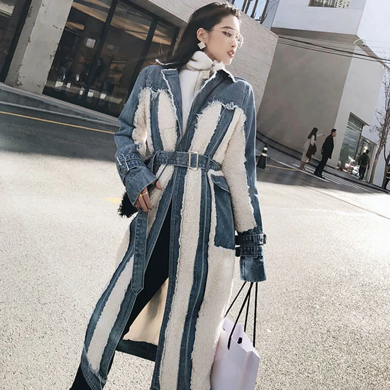 TWOTWINSTYLE Hit Color Patchwork Denim Tassel Trench Coats For Women Lapel Collar High Waist Sashes Windbreakers Autumn New