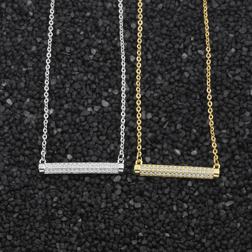 

Luxury Atmosphere Full Zircon Inlaid Horizontal Bar Necklace Geometric Cylindrical Pendant Men Women Simple Gold Jewelry