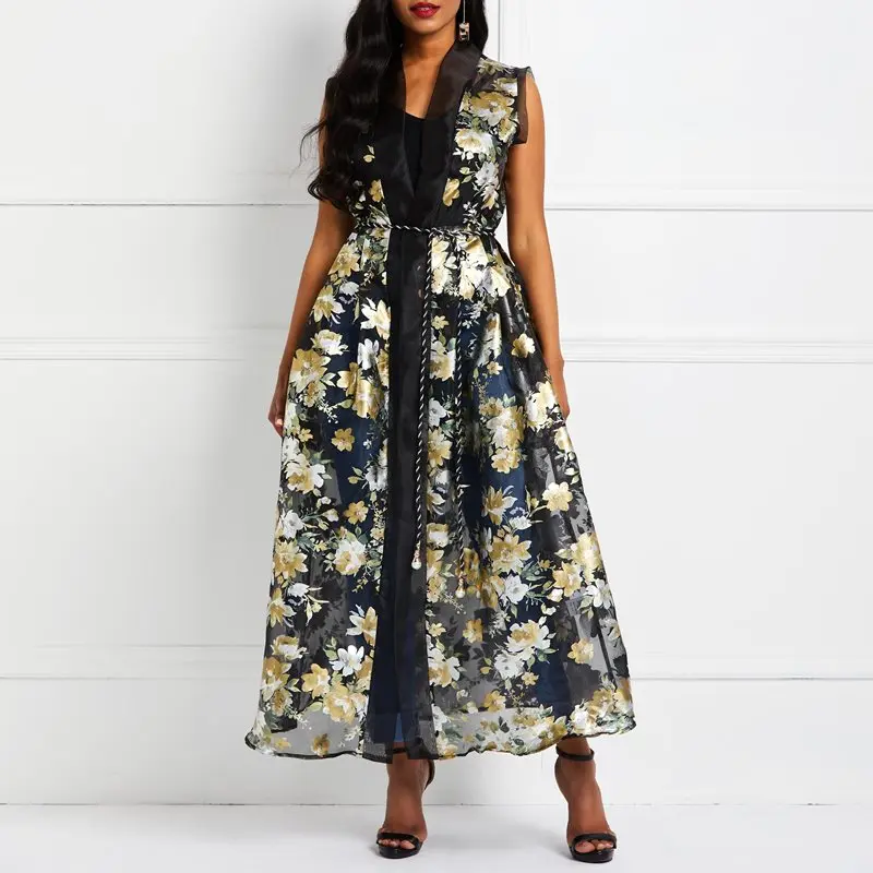 Женское винтажное платье с цветочным принтом черное без рукавов Длинный жилет