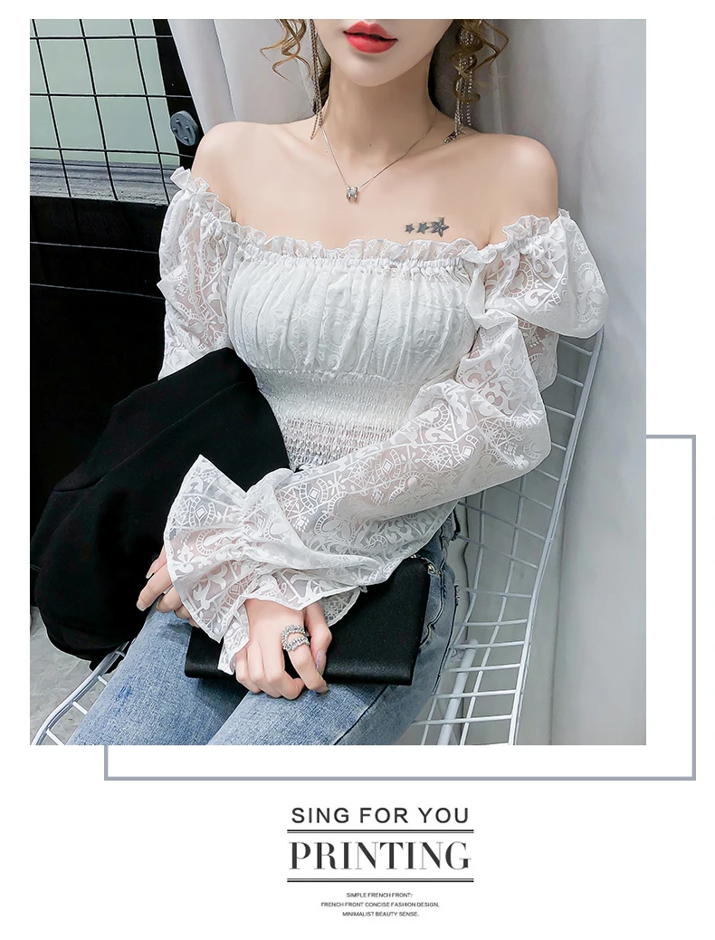 

Slash Neck Off Shoulder Shirts Female 2019 Autumn New Crop Top Long Sleeve Slim Blouses Fashion Korean Lace Women's Clothing