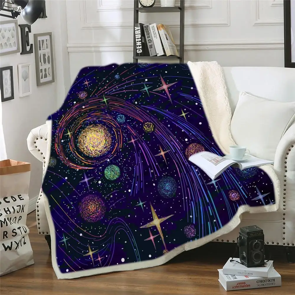 

Cartoon Universe Sherpa Blanket 3D Printing Planet Space Throw Blanket Picnic Travel Weighted Blanket For Kids Fleece Blanket