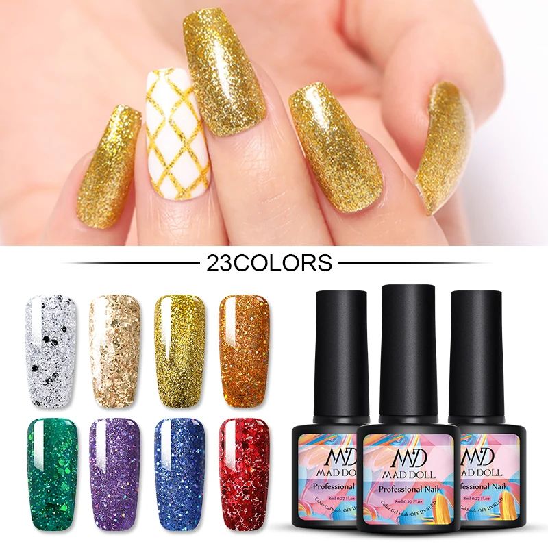 Гель лак для ногтей MAD DOLL 8 мл розовое золото фиолетовые цветные блестки блестящий