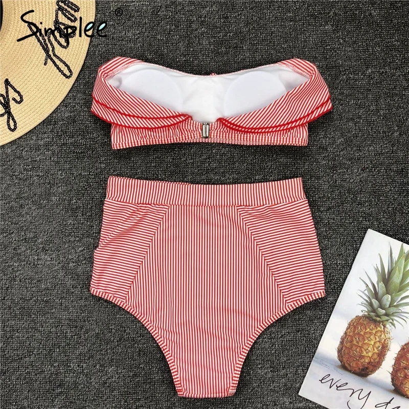 Набор бикини пуш-ап Simplee с рюшами в полоску для женщин Лето 2019 пляжный женский