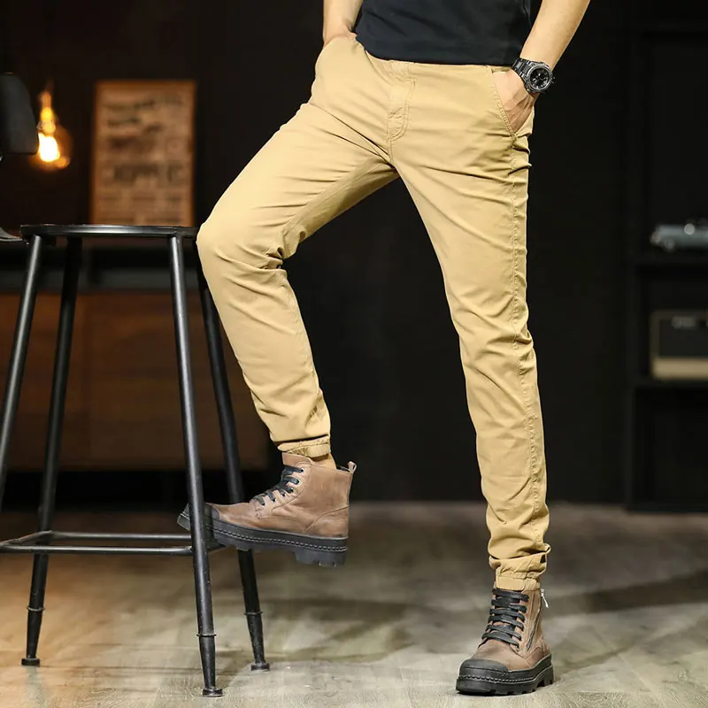 Брюки мужские повседневные хлопковые облегающие эластичные прямые штаны на