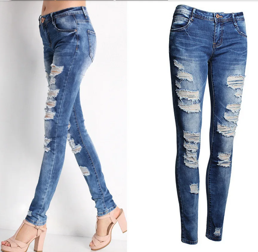 

Women Casual washed pants high waist Denim Boyfriend long Pant Female Plus Size Wash Hole Denim Stitch Trousers Nightclub 2021