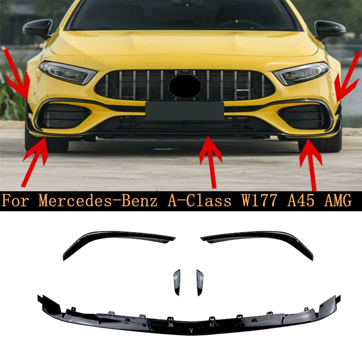 

High quality front bumper lip gloss ABS black fog lamp cover decorative shunt kit for Mercedes-Benz A-Class W177 A45 AMG 2019+