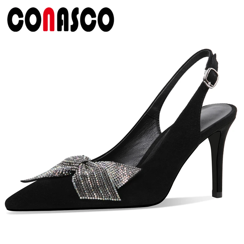 

CONASCO Spring Summer Fashion Women Pumps Kid Suede Butterfly-Knot Slingbacks Thin High Heels Pointed Toe Party New Shoes Woman