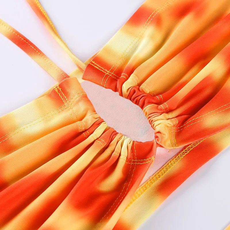 

Orange Tie Dye Y2K Skirts 2 Piece Sets Sexy Strapless Cut Out Halter Top Tie Up Ruched Mini Skirt Women Tracksuit Summer Outfit