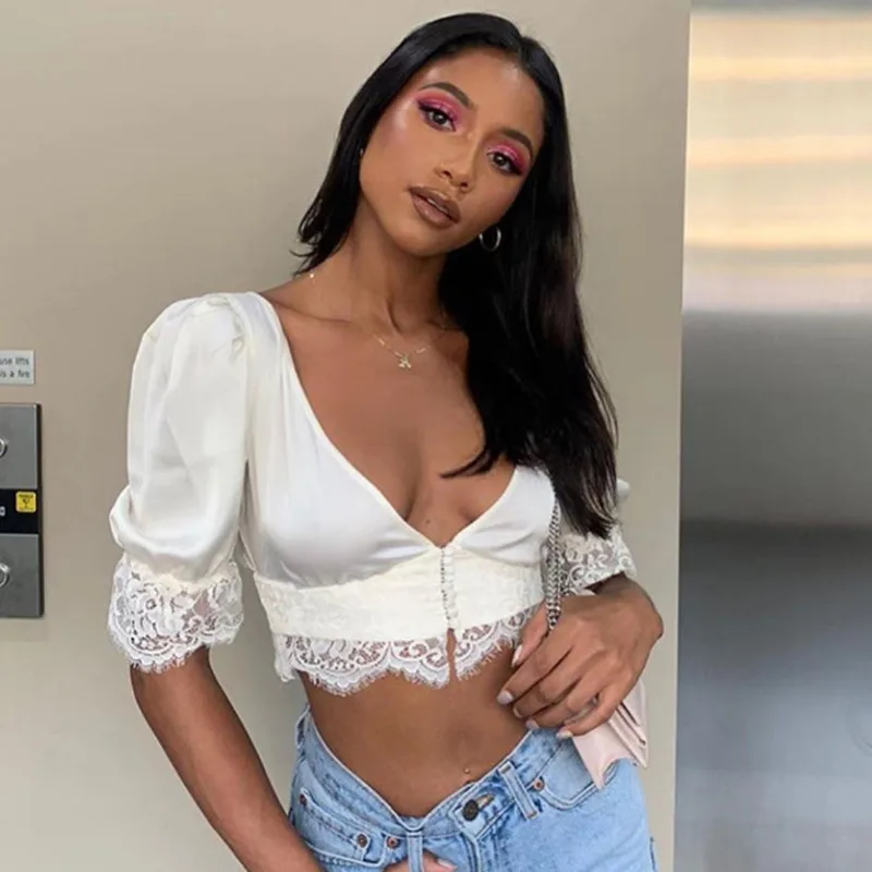 

Satin Patchwork Lace Cropped Women 2021 New Sexy Puff Sleeve Deep V-neck Crop Tops Buttons Short Cardigan Top 2021