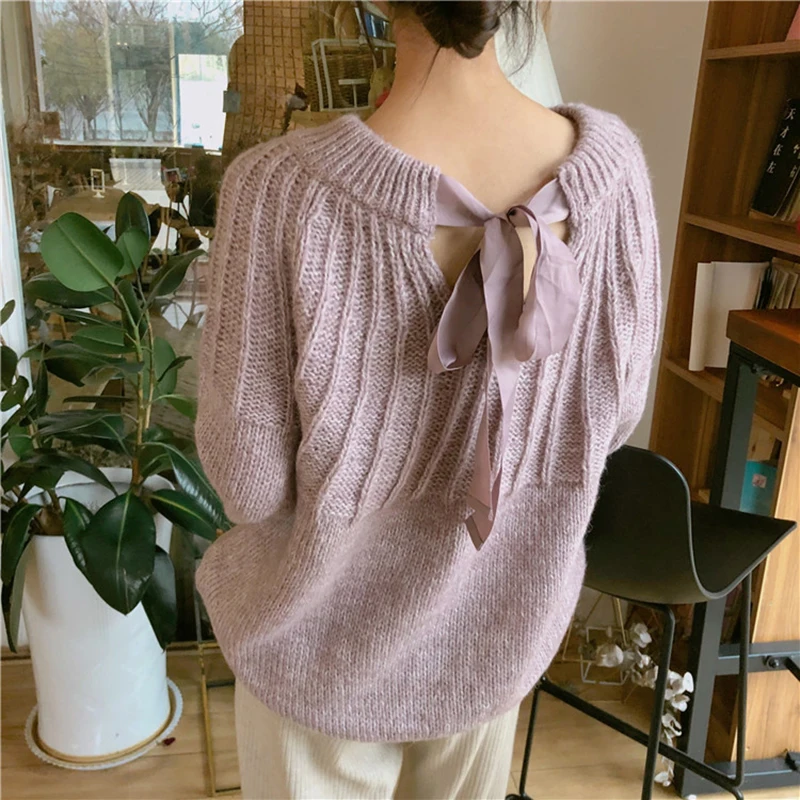 Женский свободный свитер с рукавами-фонариками спереди и сзади бантом женская