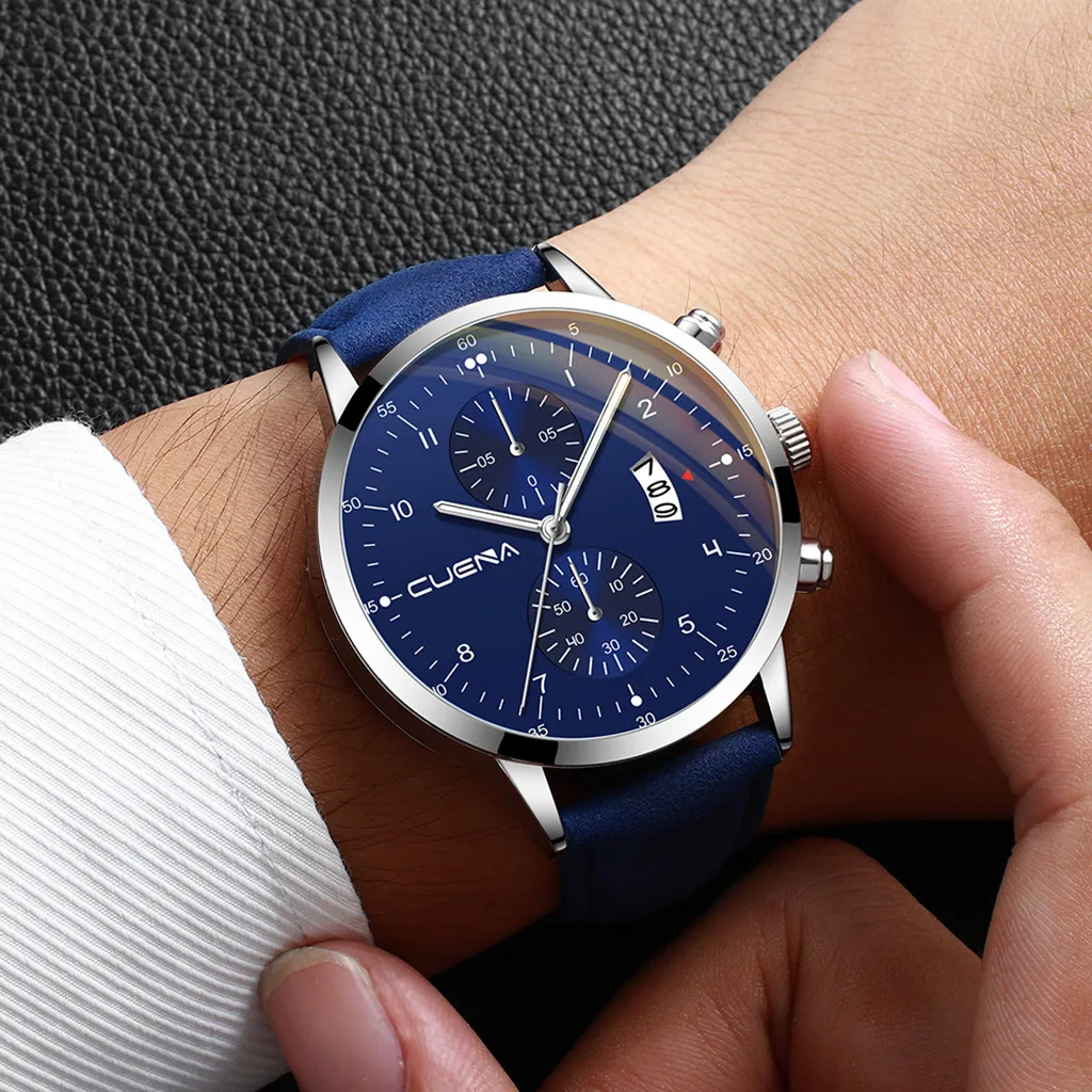 

CUENA Men's Business Leather Belt Watch Three Eyes Six-Piece Calendar Quartz Watch Gift Clock 2019 Dress relogio masculino Q