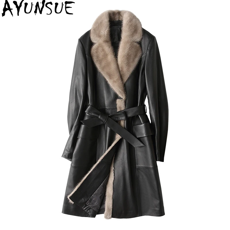 

AYUNSUE Luxury Genuine Leather Jacket Long Women Winter Down Coats Mink Fur Collar Real Sheepskin Coat Female Jackets X25WYQ1642