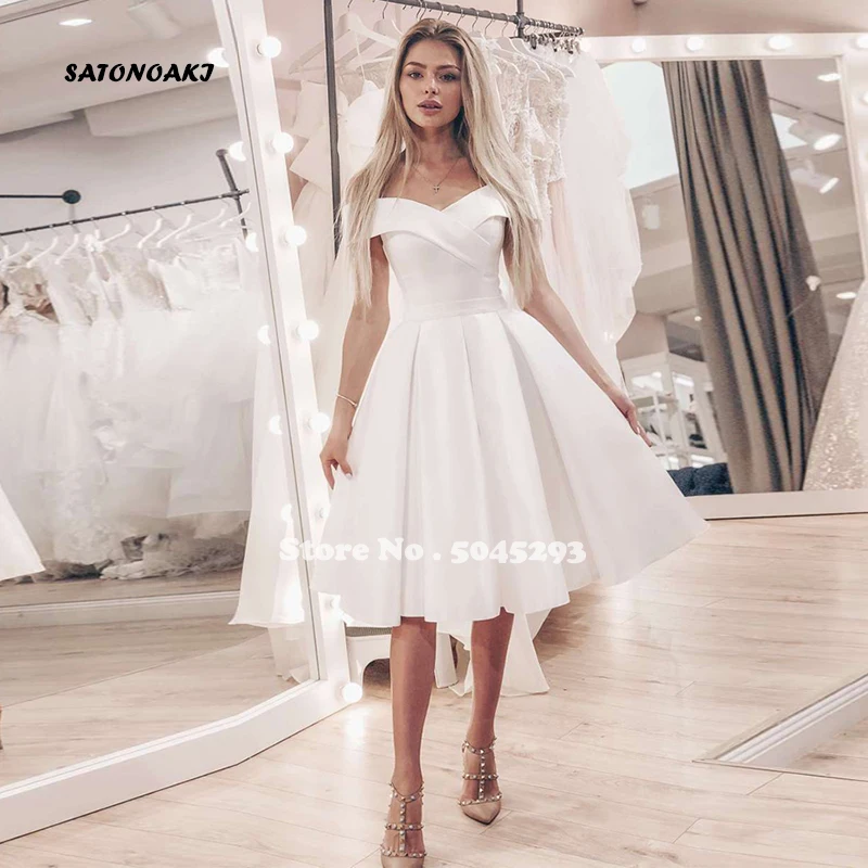 

Simple Satin Short Evening Dress Off the Shoulder A-Line Formal Classic Party Gown Corto Undefined Sukienki Online Shop Mariage