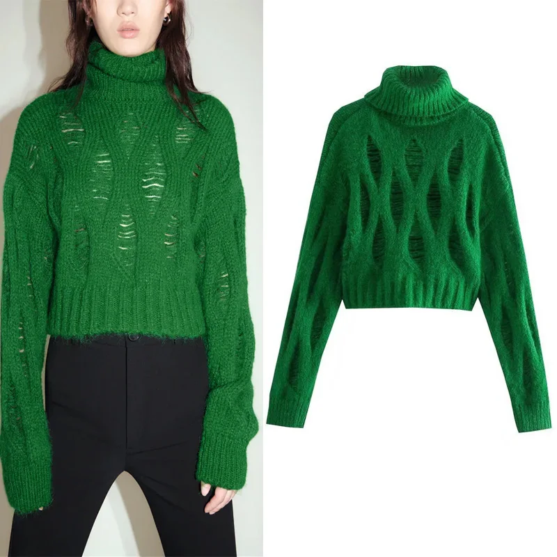 

Za Hole Decorative Green Knitting Woman's Sweater Fashion Long Sleeve Turtleneck Sweater Vintage Thick Warm Pullover Female