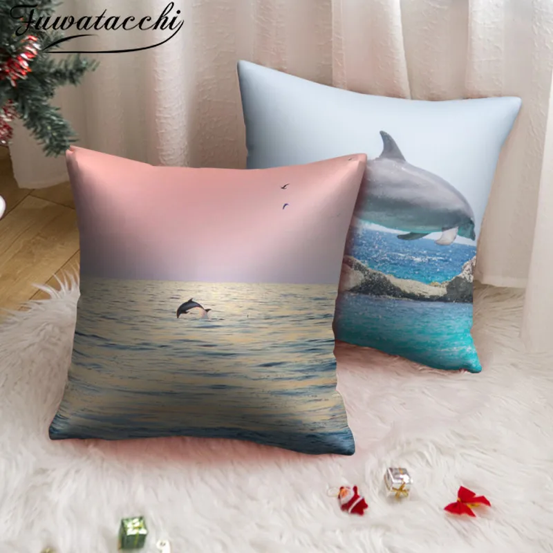 

Fuwatacchi Watercolor Dolphin Throw Pillow Cover Sofa Bedside Cushion Pillowcase Ocean Blue Sea Decorative Pillowcases 45X45CM