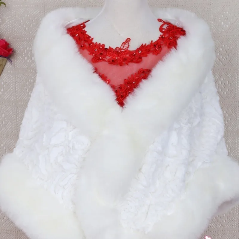 Зимняя теплая верхняя одежда из искусственного меха для невесты красная белая